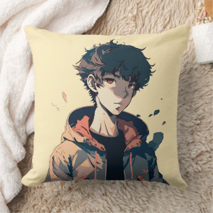 Stylish Manga Boy in Brown Jacket Cushion