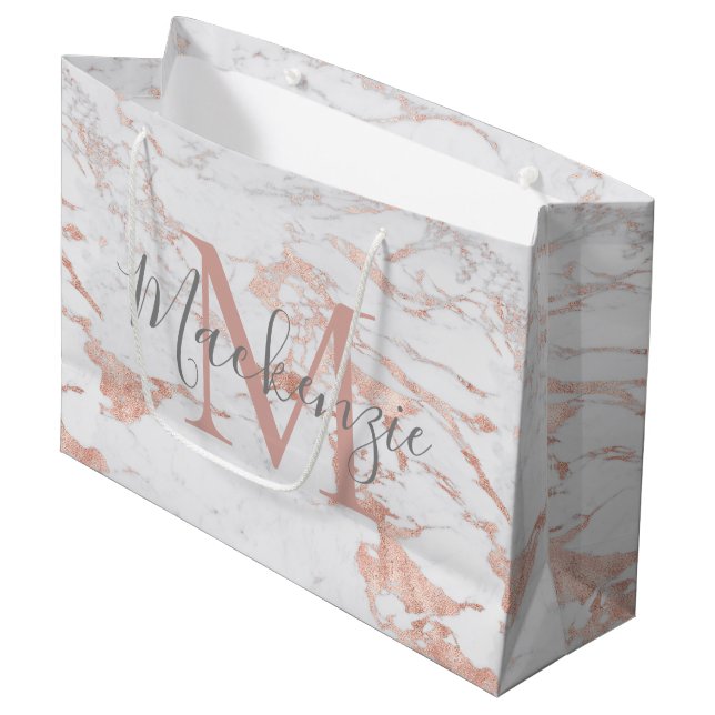Stylish Marble and Rose Gold Foil Monogram Large Gift Bag (Front Angled)