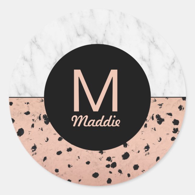 Stylish Marble and Rose Gold Pattern with Monogram Classic Round Sticker (Front)