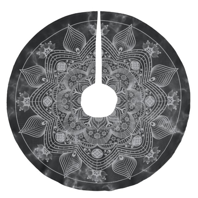 Stylish Marble Black and White Floral Mandala Brushed Polyester Tree Skirt (Front)