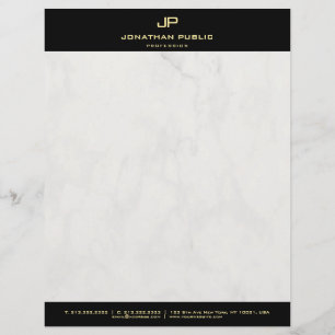 Stylish Marble Black Gold Monogrammed Modern Plain Custom Letterhead