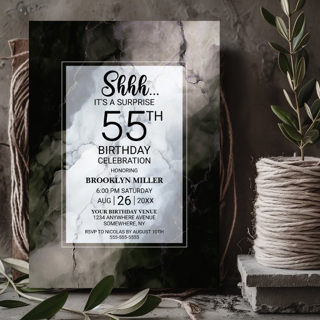 Stylish Marble Surprise 55th Birthday Party Invitation (Creator Uploaded)