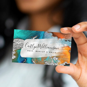 Stylish marble watercolor silver turquoise script business card