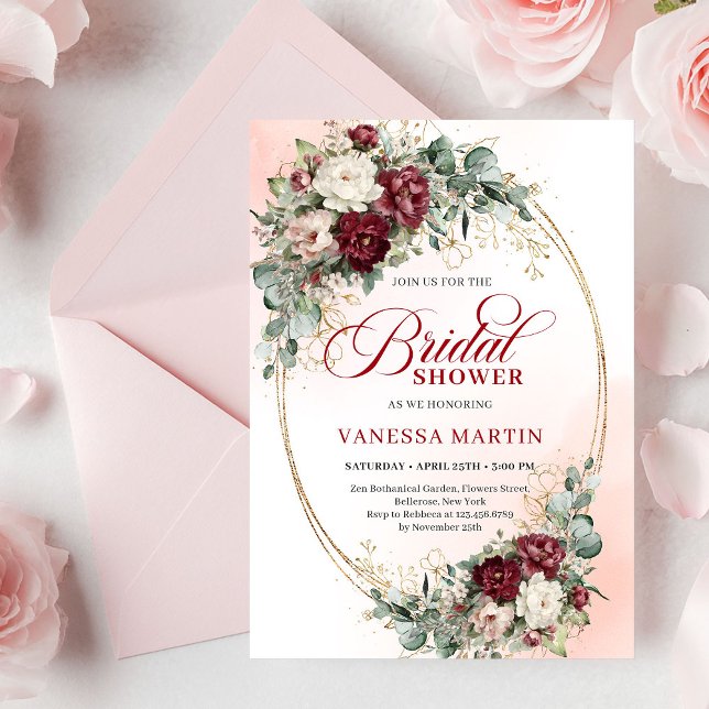 Stylish Maroon Flowers Eucalyptus Bridal Shower   Invitation (Stylish Maroon Flowers Eucalyptus Bridal Shower Card

)