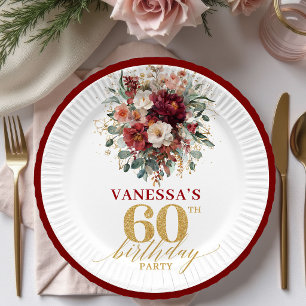Stylish Maroon Gold Autumn Floral 60th Birthday Pl Paper Plate
