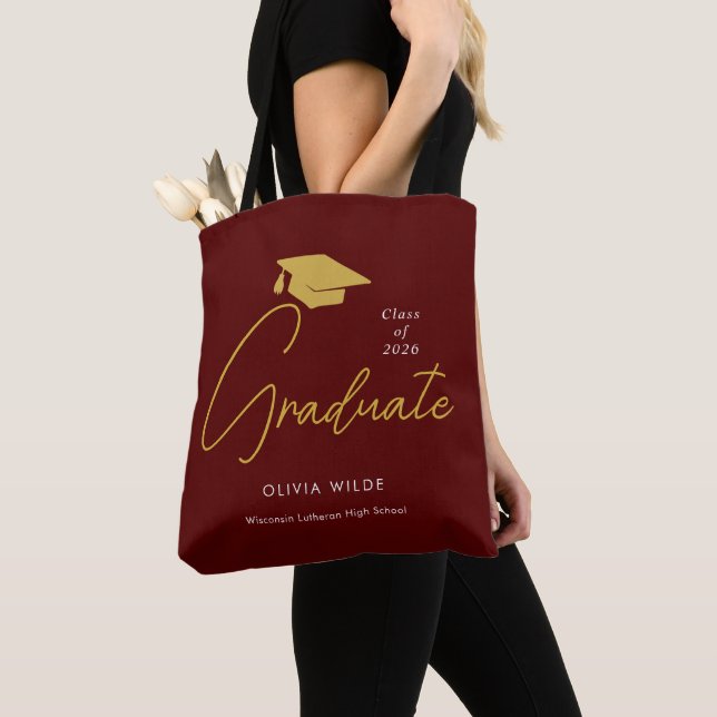 Stylish Maroon Personalized Graduation Tote Bag (Close Up)