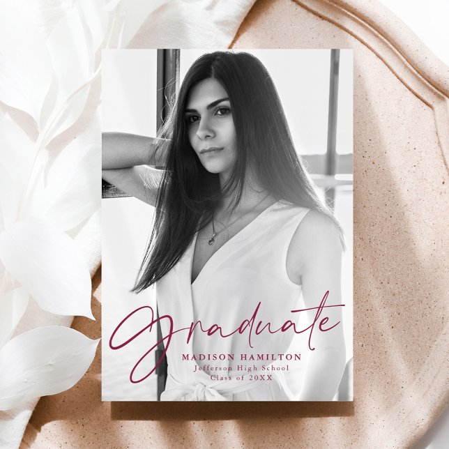 Stylish Maroon Script Photo Graduation Announcement (Creator Uploaded)