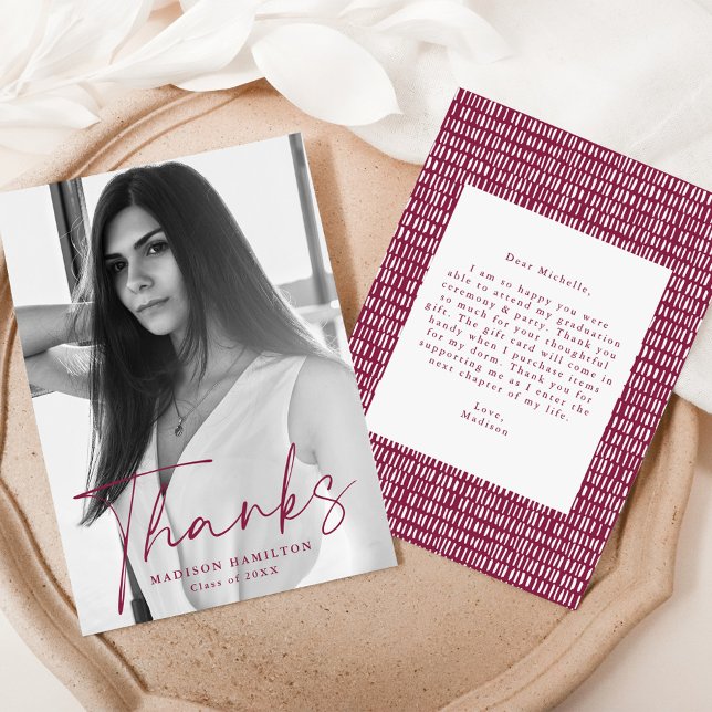 Stylish Maroon Script Photo Graduation Thank You Card (Creator Uploaded)