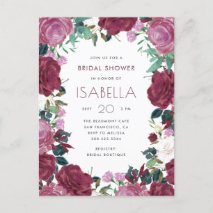Stylish Maroon Watercolor Floral Bridal Shower Invitation Postcard