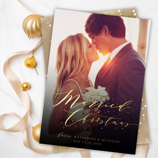 Stylish Married Christmas Sparkles Photo Wedding Foil Holiday Card (Creator Uploaded)