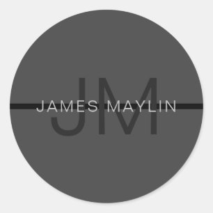 Stylish Masculine Dark Grey Name & Monogram  Classic Round Sticker