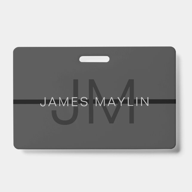 Stylish Masculine Dark Grey Name & Monogram  ID Badge (Front)