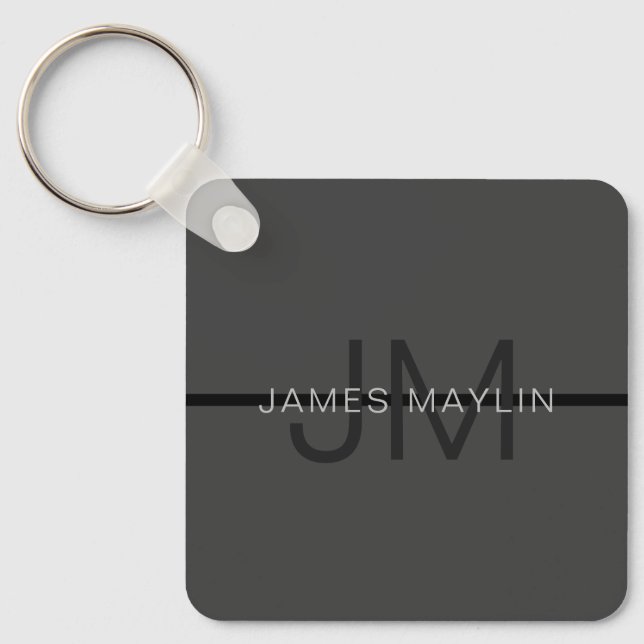 Stylish Masculine Dark Grey Name & Monogram  Key Ring (Front)