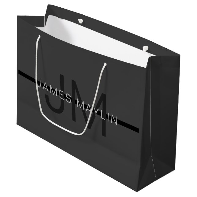 Stylish Masculine Dark Grey Name & Monogram  Large Gift Bag (Front Angled)