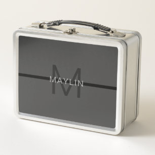 Stylish Masculine Dark Grey Name & Monogram  Metal Lunch Box