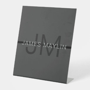 Stylish Masculine Dark Grey Name & Monogram Pedestal Sign