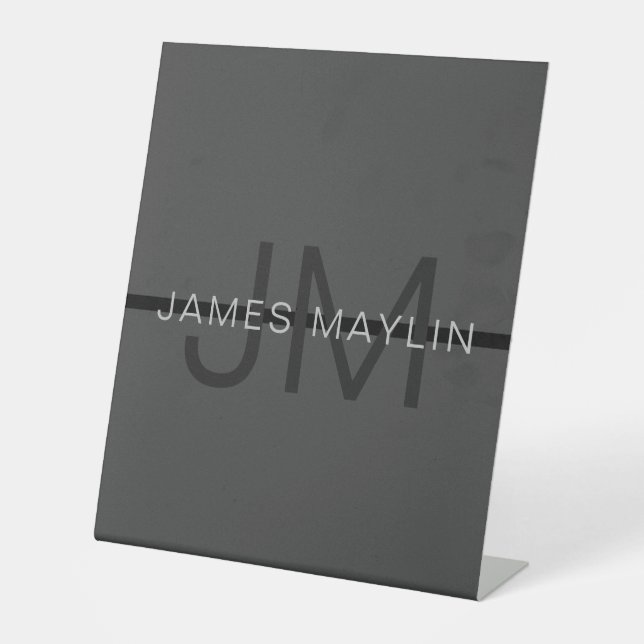 Stylish Masculine Dark Grey Name & Monogram  Pedestal Sign (Front)