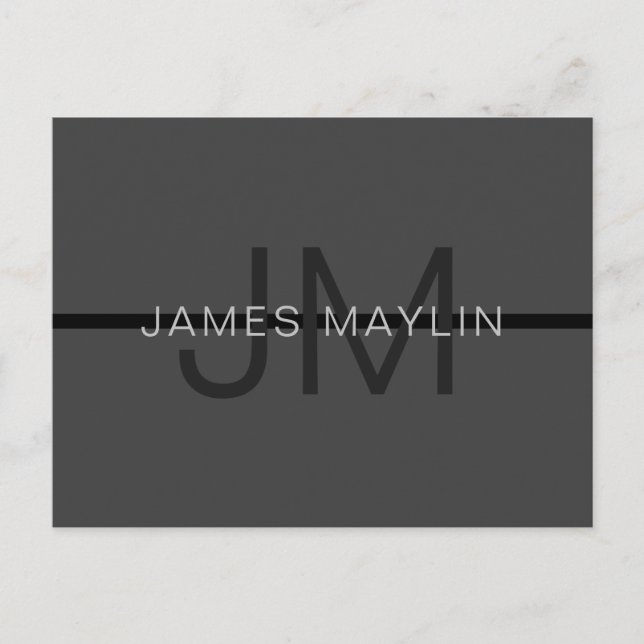 Stylish Masculine Dark Grey Name & Monogram  Postcard (Front)