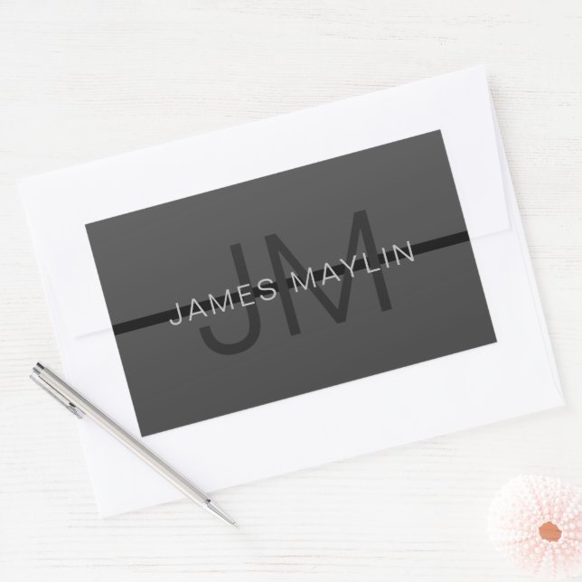 Stylish Masculine Dark Grey Name & Monogram  Rectangular Sticker (Envelope)