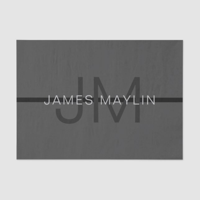 Stylish Masculine Dark Grey Name & Monogram  Tissue Paper (Front)