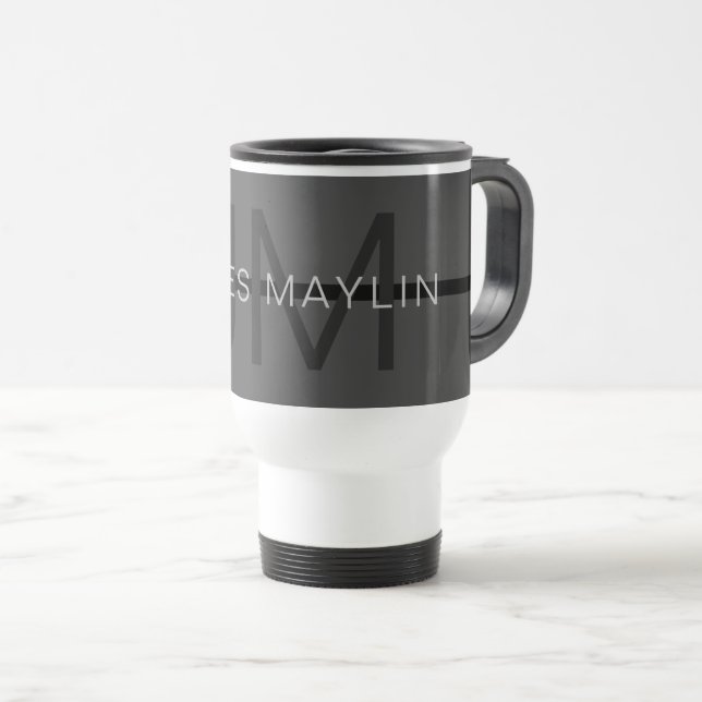 Stylish Masculine Dark Grey Name & Monogram  Travel Mug (Front Right)