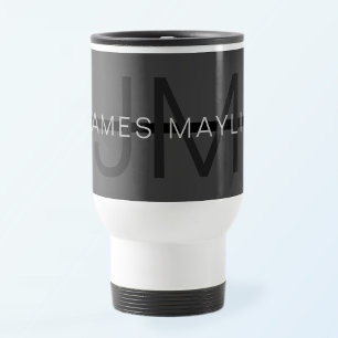 Stylish Masculine Dark Grey Name & Monogram  Travel Mug