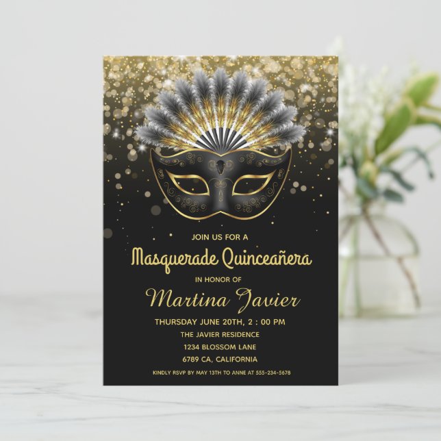 Stylish Masquerade Quinceañera 15th Birthday Invitation (Standing Front)