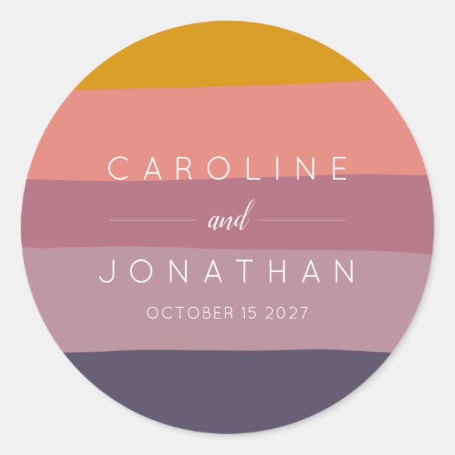 Stylish Mauve and Mustard Striped Custom Wedding Classic Round Sticker (Front)