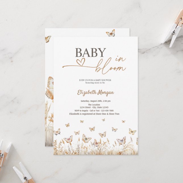 Stylish Meadow Butterflies Baby in Bloom  Invitation (Front/Back In Situ)