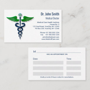 Stylish Medical Caduceus Blue Green Wings Cross Appointment Card
