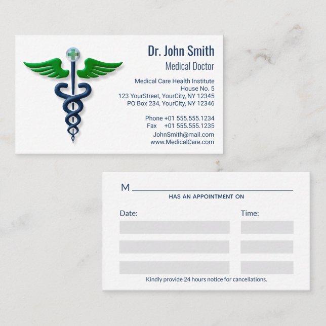 Stylish Medical Caduceus Blue Green Wings Cross Appointment Card (Front/Back)