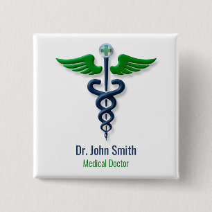Stylish Medical Caduceus Green Blue Wings Cross 15 Cm Square Badge
