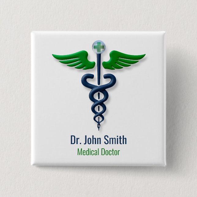 Stylish Medical Caduceus Green Blue Wings Cross 15 Cm Square Badge (Front)