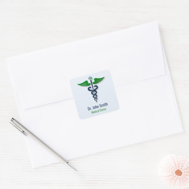Stylish Medical Caduceus Green Wings Blue Cross Square Sticker (Envelope)