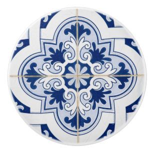 Stylish Mediterranean Blue & White Tile Ceramic Knob