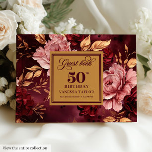 Stylish Merlot Blush Gold Floral 50th Birthday Guest Book
