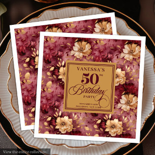Stylish Merlot Blush Gold Floral 50th Birthday  Napkin