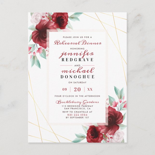 Stylish Merlot Glam Roses Floral Rehearsal Dinner Invitation Postcard (Front)