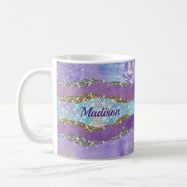 Stylish mermaid glittery Purple turquoise monogram Coffee Mug (Left)
