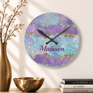 Stylish mermaid glittery Purple turquoise monogram Round Clock