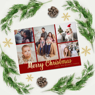 Stylish Merry Christmas 5 Photo Collage Real Foil Holiday Card