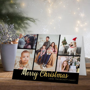 Stylish Merry Christmas 5 Photo Collage Real Foil Holiday Card