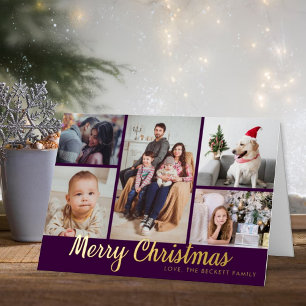 Stylish Merry Christmas 5 Photo Collage Real Foil Holiday Card