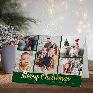 Stylish Merry Christmas 5 Photo Collage Real Foil Holiday Card