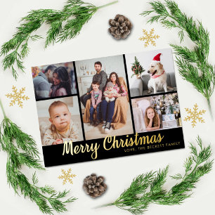 Stylish Merry Christmas 5 Photo Collage Real Foil Holiday Postcard
