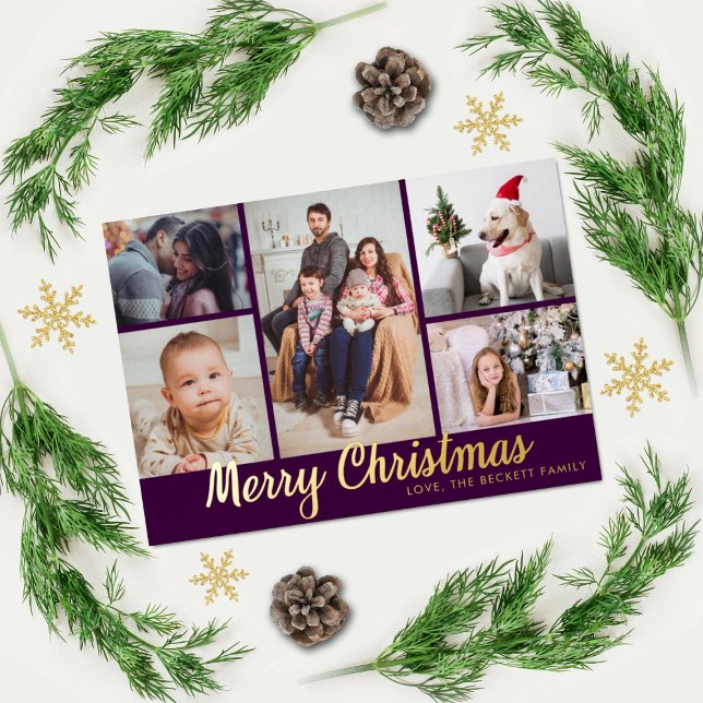Stylish Merry Christmas 5 Photo Collage Real Foil Holiday Postcard (Creator Uploaded)