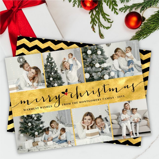 Stylish Merry Christmas Faux Gold Foil 6 Photo Holiday Card (Creator Uploaded)