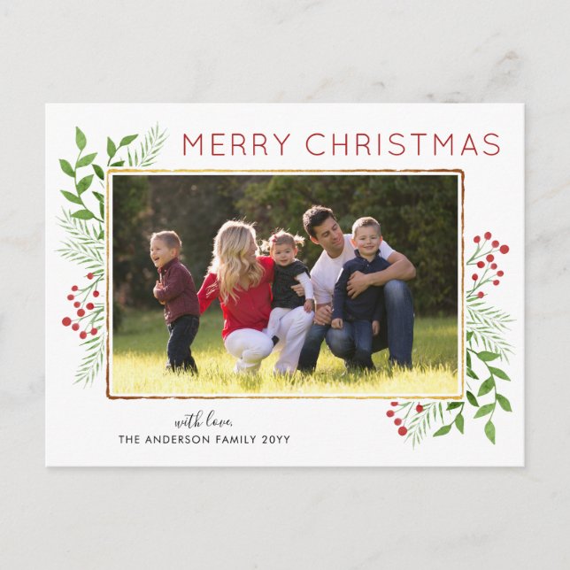 Stylish Merry Christmas Leaves Foliage Berry Photo Holiday Postcard (Front)