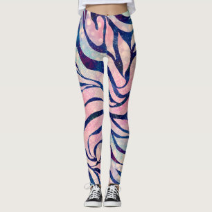 Stylish Metallic Blue & Holographic Zebra Print Leggings