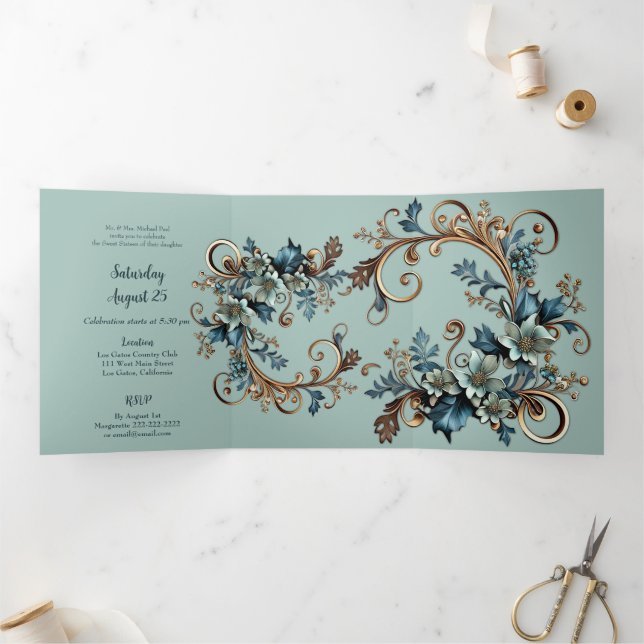 Stylish Metallic Floral Sweet 16 Party Invitation (Inside)